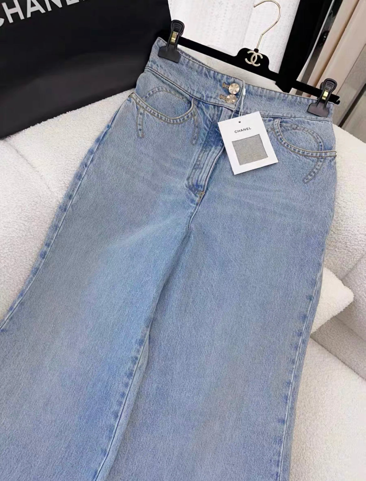 Chanel 20P blue denim wide-leg pants size 38 – Wararni.com