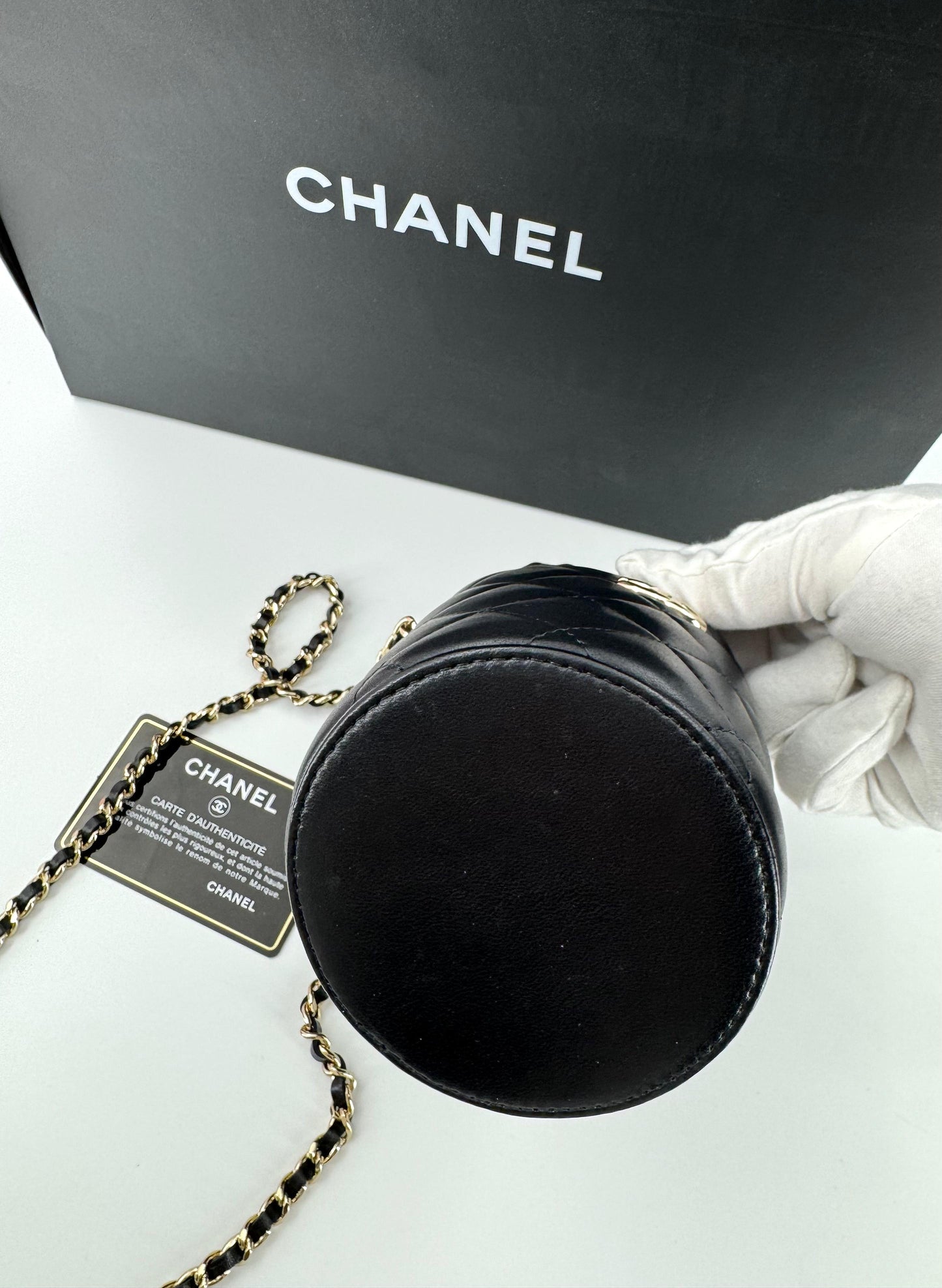 Chanel Black leather mini bucket bag silver hardware