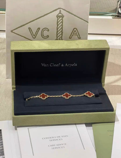 Brand new Van Cleef & Arpels Alhambra Yellow Gold Carnelian 5 Motif Bracelet