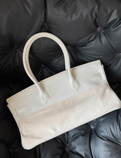 Hermes Birkin Shoulder 42 Cream White leather & Doblis suede with palladium hardware