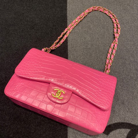 Super Rare Chanel Medium flap Pink Barbie Matte Crocodile leather with gold hardware