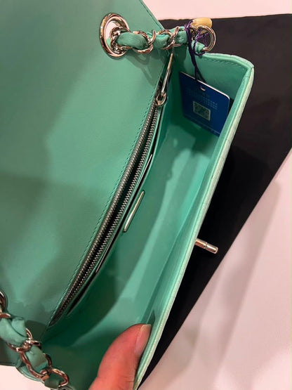 Mini Chanel green iridescent flap bag