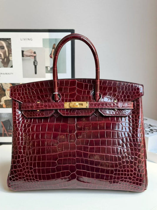 Hermes Birkin 35 Bordeaux Shiny Crocodile Leather Gold Hardware