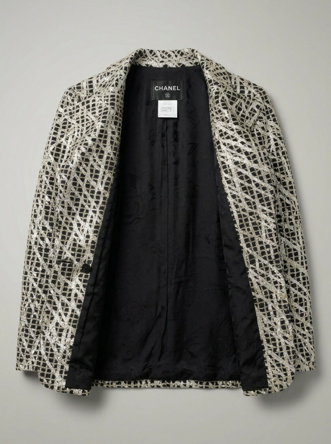 Chanel 12P Double Breasted Silver Metallic Graffiti Black jacket