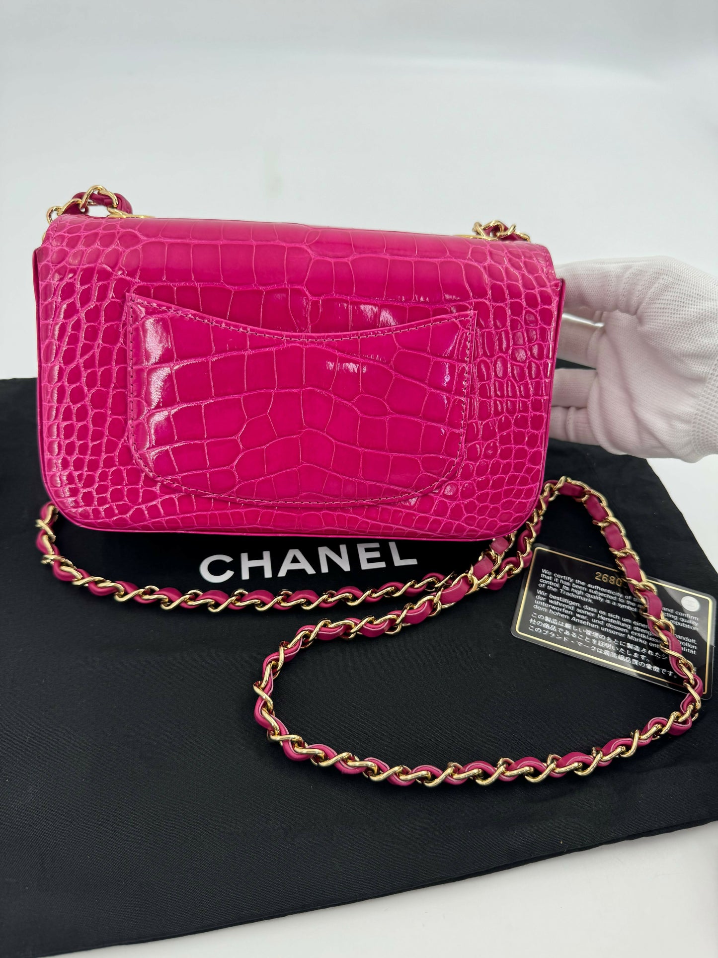 Chanel 2018-2019 Alligator Bright Pink Classic Flap Bag with Gold Hardware