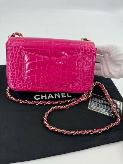 Chanel 2018-2019 Alligator Bright Pink Classic Flap Bag with Gold Hardware