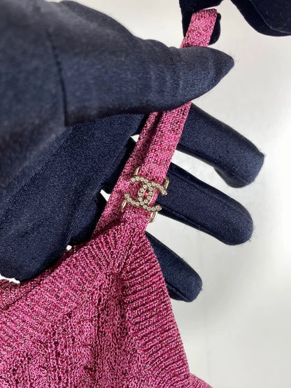Chanel pink knitted rhinestone-buckled camisole