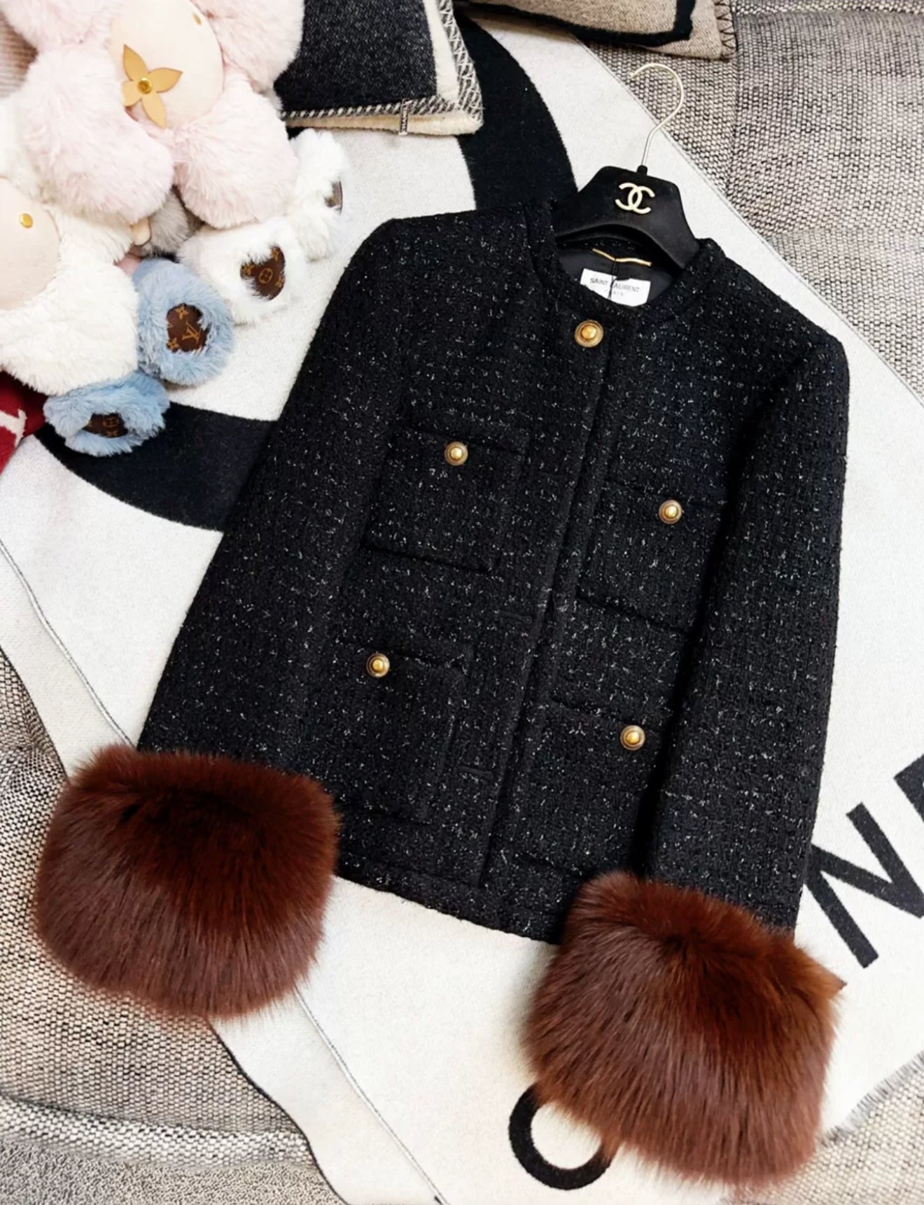 Saint Laurent Black Tweed & Fur Jacket