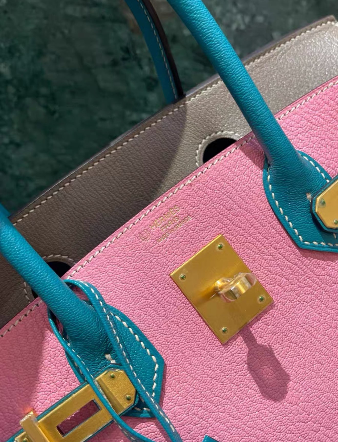 HSS Hermes Birkin 30 Rose Confetti/Etoupe/Turquoise Chevre Leather With Brushed Gold Hardware