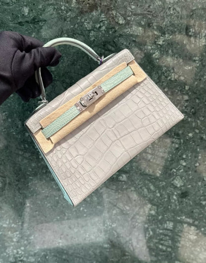 HERMÈS MINI KELLY 20 HSS GRIS PERLE AND VERT D'EAU MATTE ALLIGATOR PALLADIUM HARDWARE