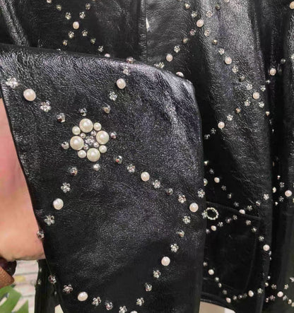 Chanel 21A black leather Jacket with Pearls & Rhinestones