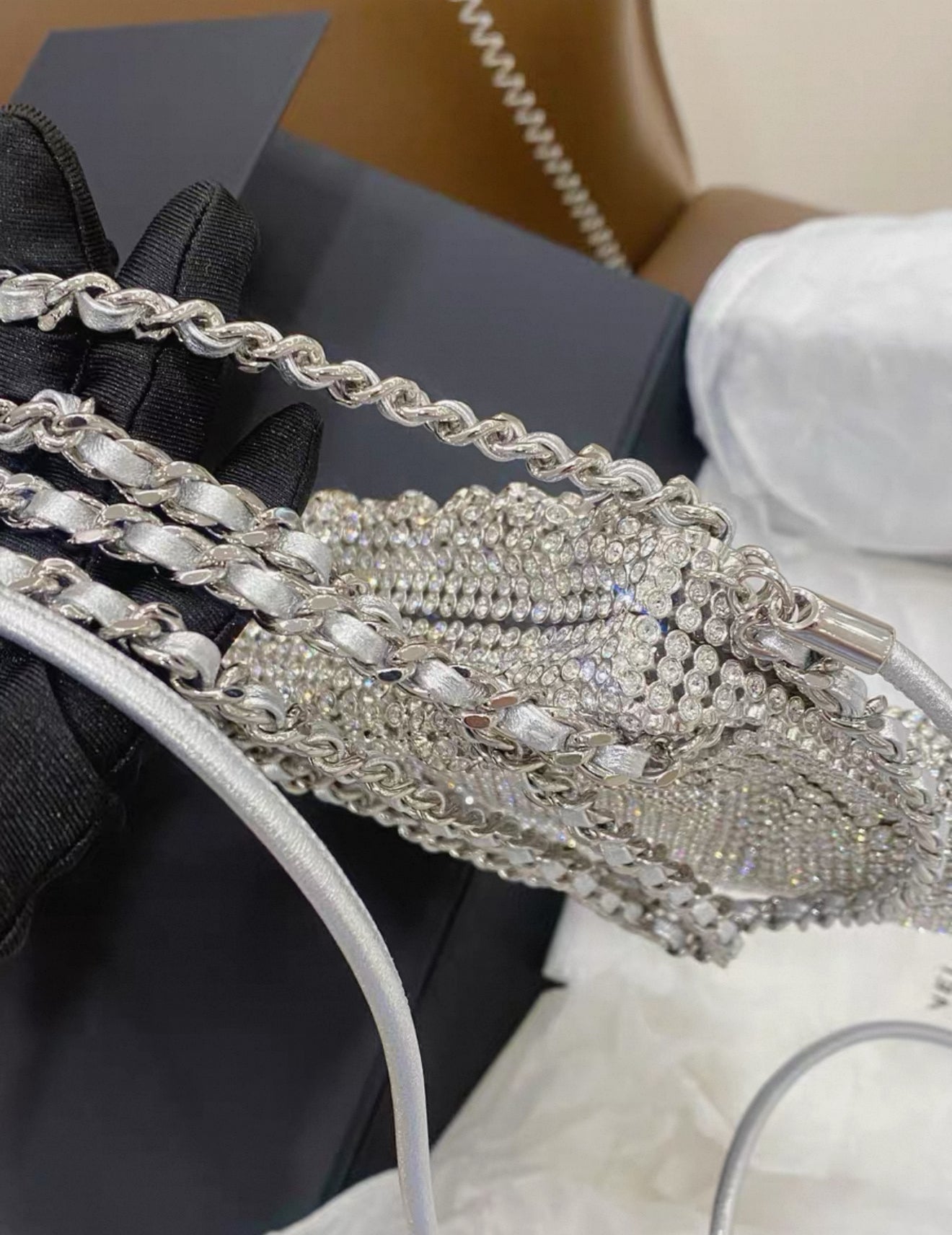 Chanel 24S 22bag mini silver metallic full rhinestones