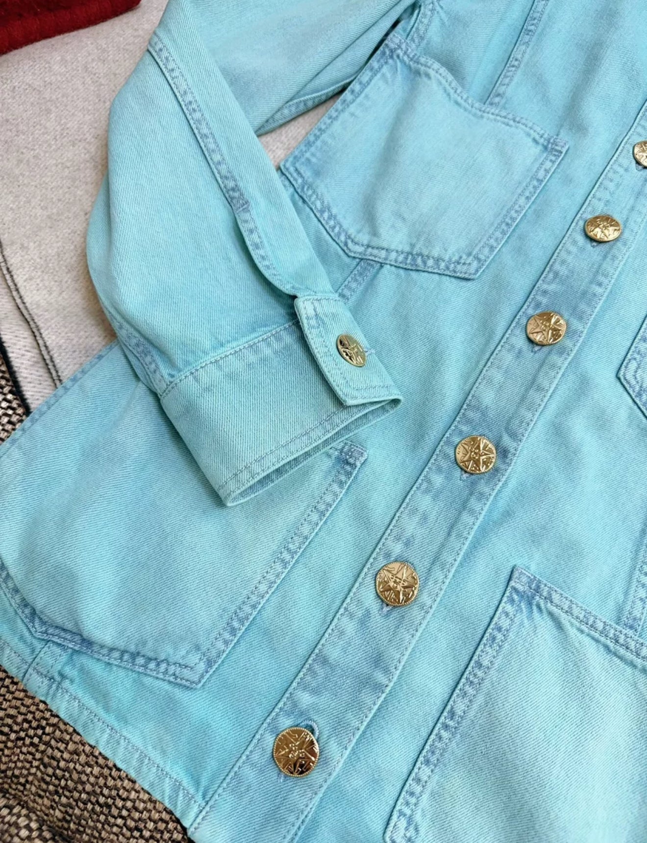 Chanel 21S Turquoise Blue Denim Camellia BroochJacket