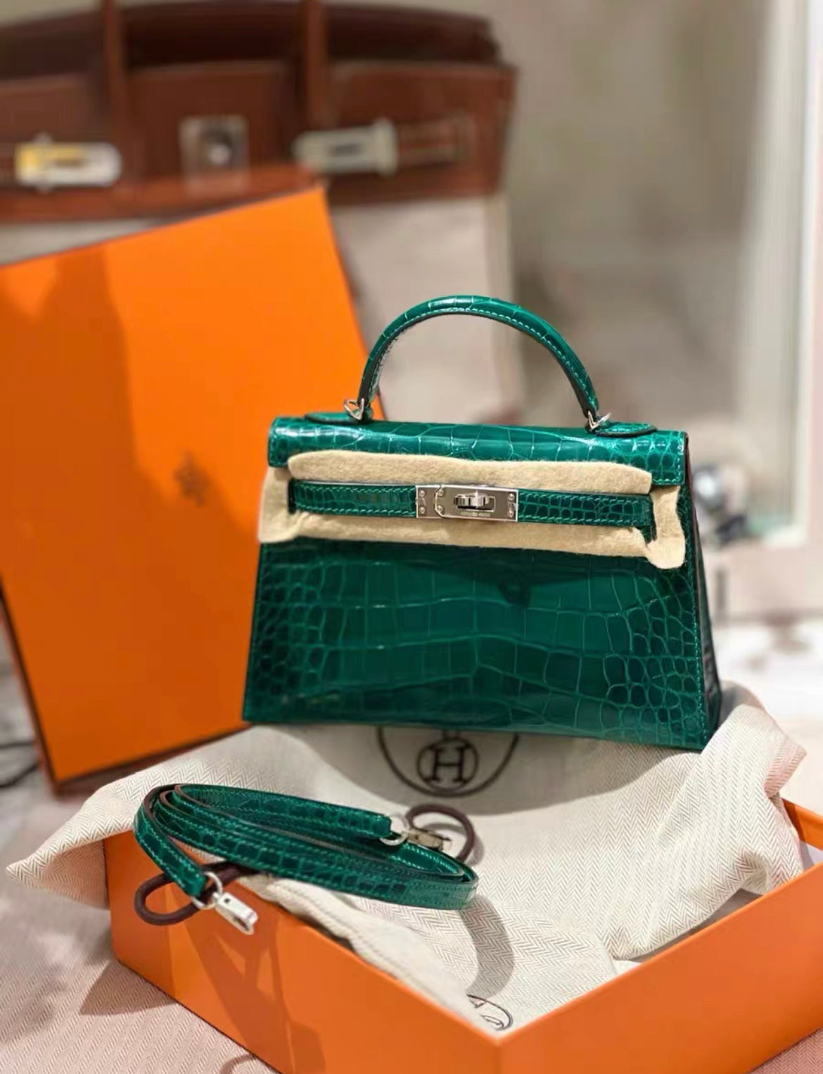 HERMES MINI KELLY SELLIER EMERALD SHINY ALLIGATOR PALLADIUM HARDWARE