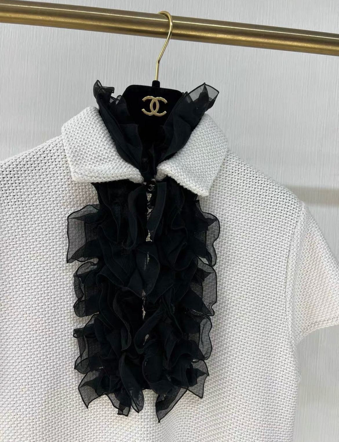 Chanel 22C Black voile collar white dress size 36