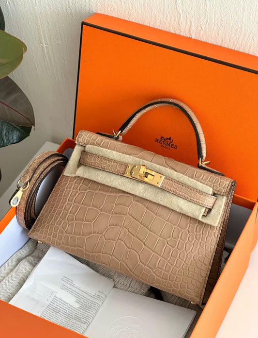 HERMÈS Mini Kelly II Matte Alligator in Chai with Gold hardware