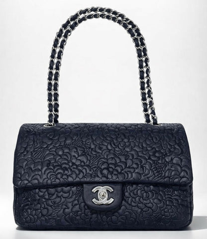 Chanel Medium Double Flap Black Camellia Lambskin Classic Timeless Bag SHW