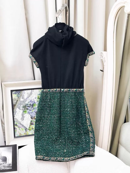 Chanel 11A green tweed with gold trim, turtleneck dress