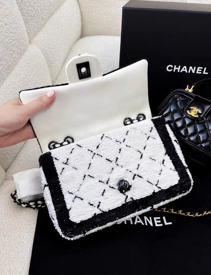 Chanel 24P Large Flap Bag Sequins & Black Metal, White & Black