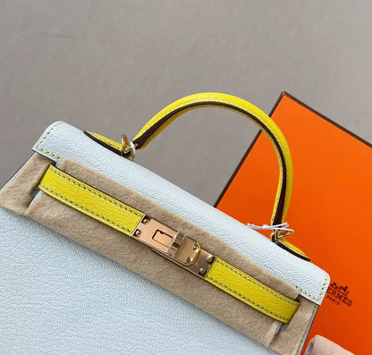 Hermès Mini Kelly Blue & Yellow Goatskin Leather Gold Hardware