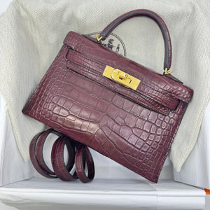 Hermes Mini kelly 20 Bordeaux Matte Alligator Gold hardware