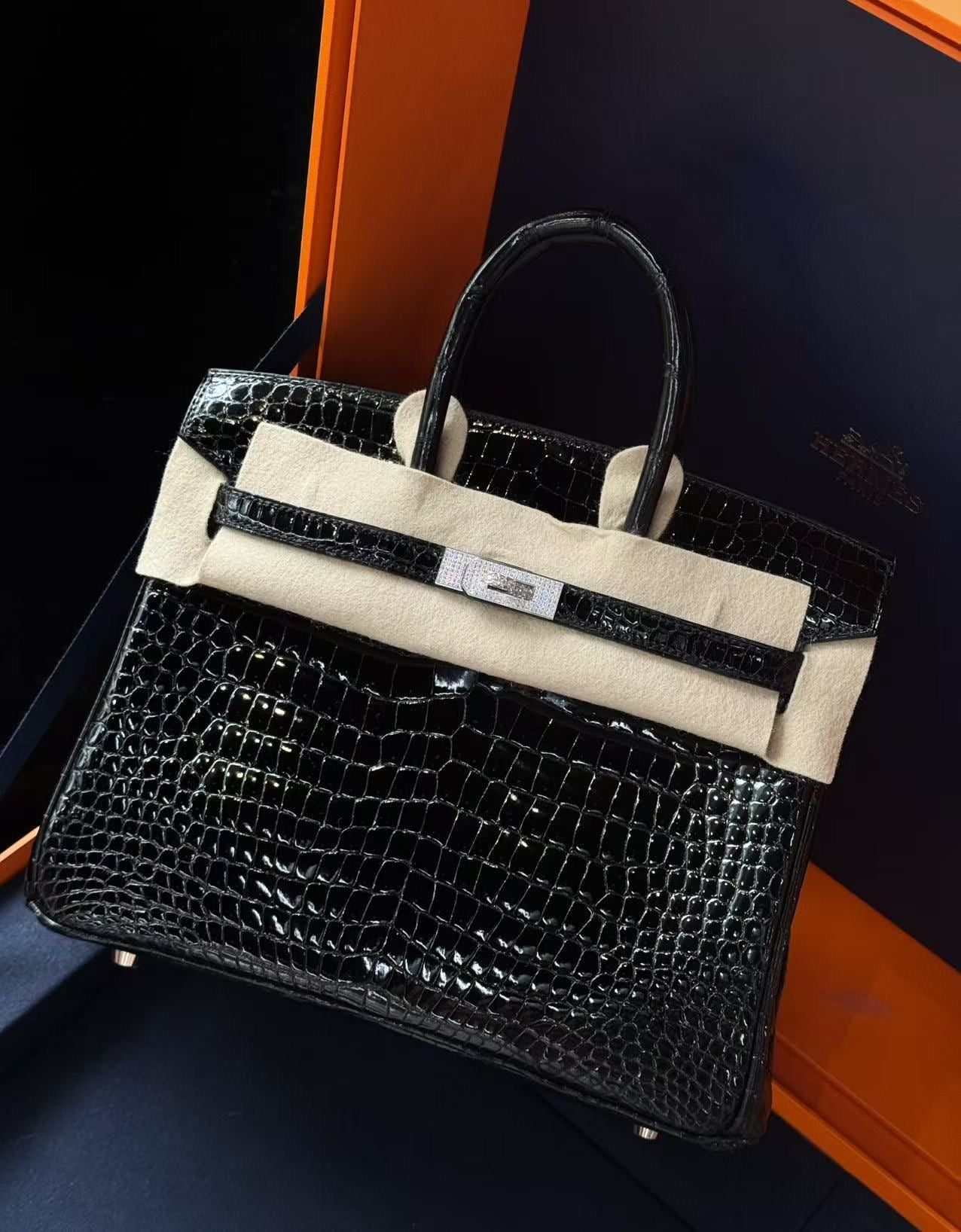Hermès Birkin 25 Shiny crocodile leather Diamond Hardware