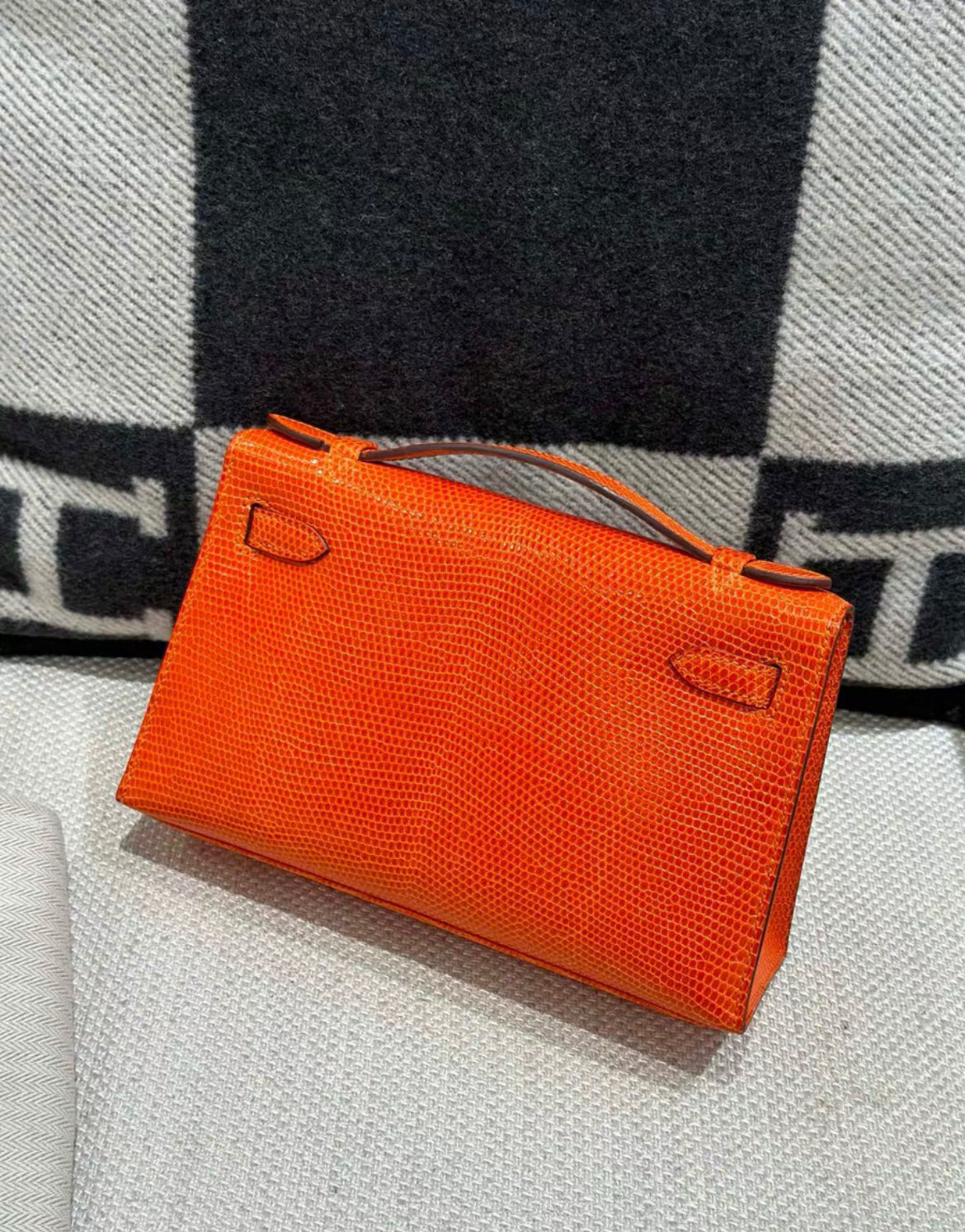 HERMES Mini Kelly Pochette Orange Lizard Leather Palladium Hardware