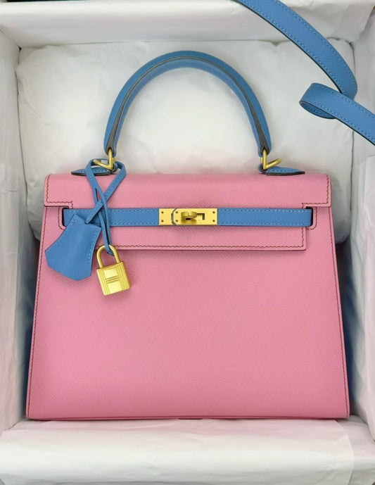 Hermès Kelly 25 5P pink bubblegum 2T blue paradis Epsom leather gold hardware