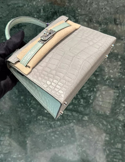 HERMÈS MINI KELLY 20 HSS GRIS PERLE AND VERT D'EAU MATTE ALLIGATOR PALLADIUM HARDWARE