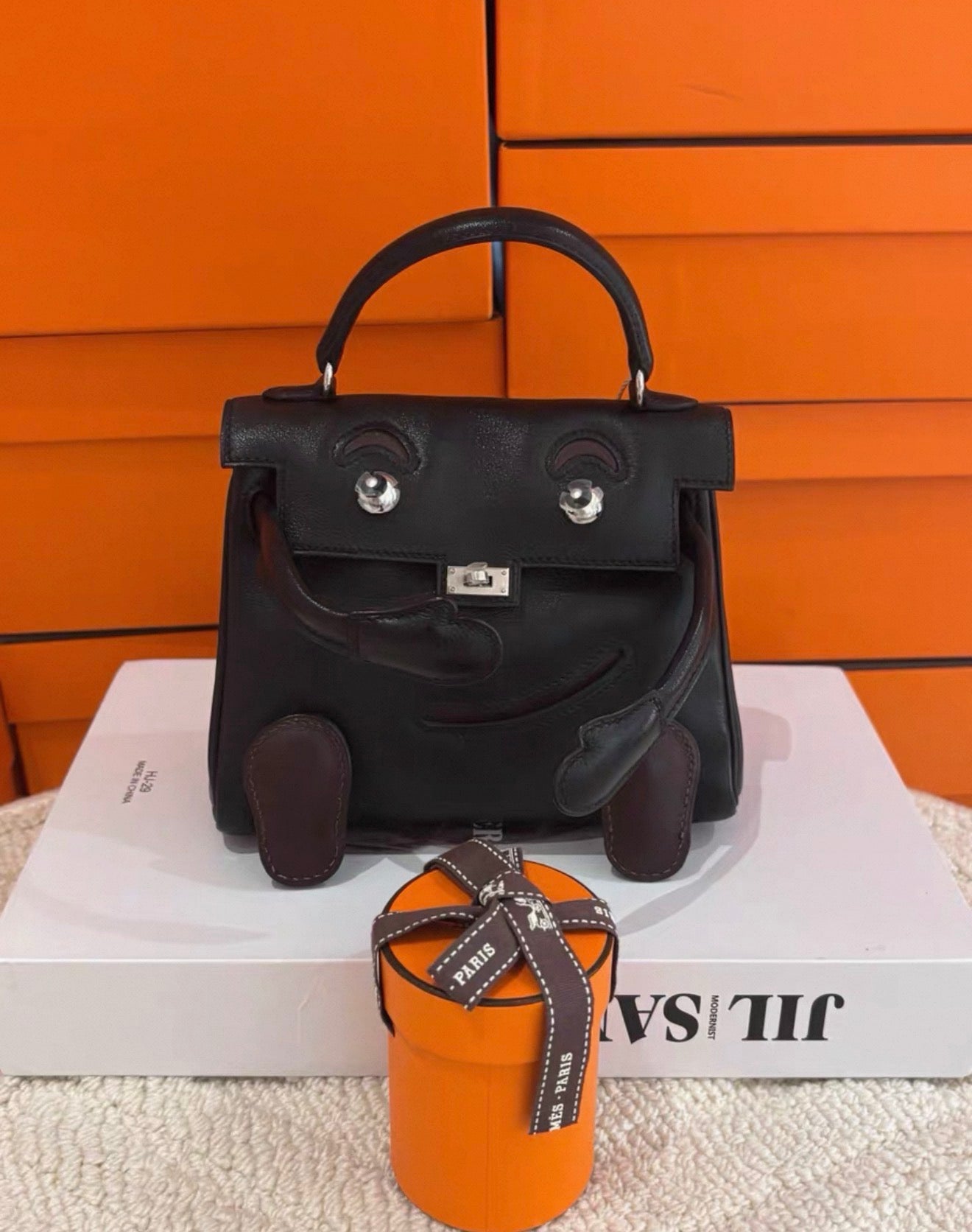 Hermes Kelly doll black & brown swift leather palladium hardware