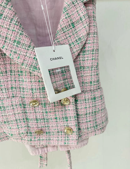 Chanel 21S pink green tweed check vest jacket