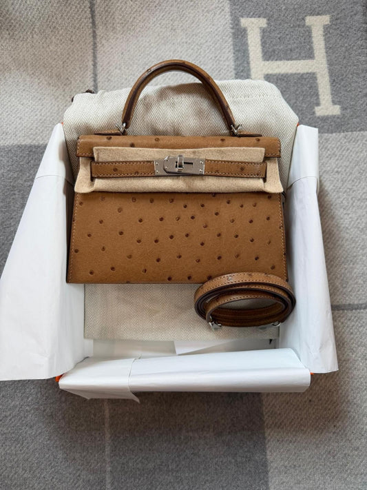 Hermes Mini Kelly 20 Biscuit Ostrich Palladium hardware