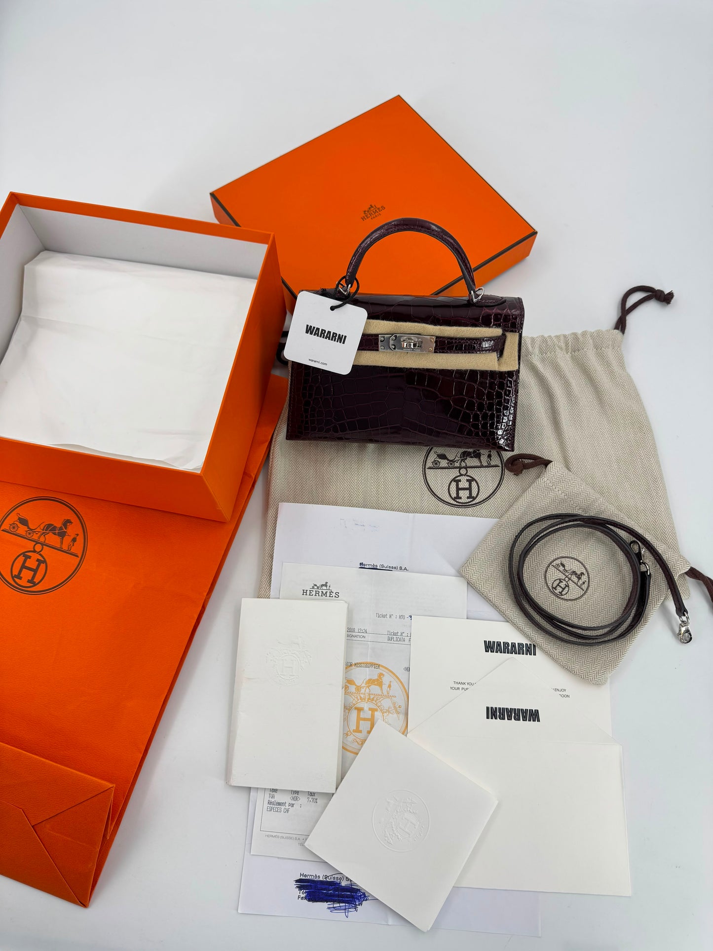 Hermes mini Kelly 20 Bordeaux Shiny alligator leather palladium hardware (rare full set)