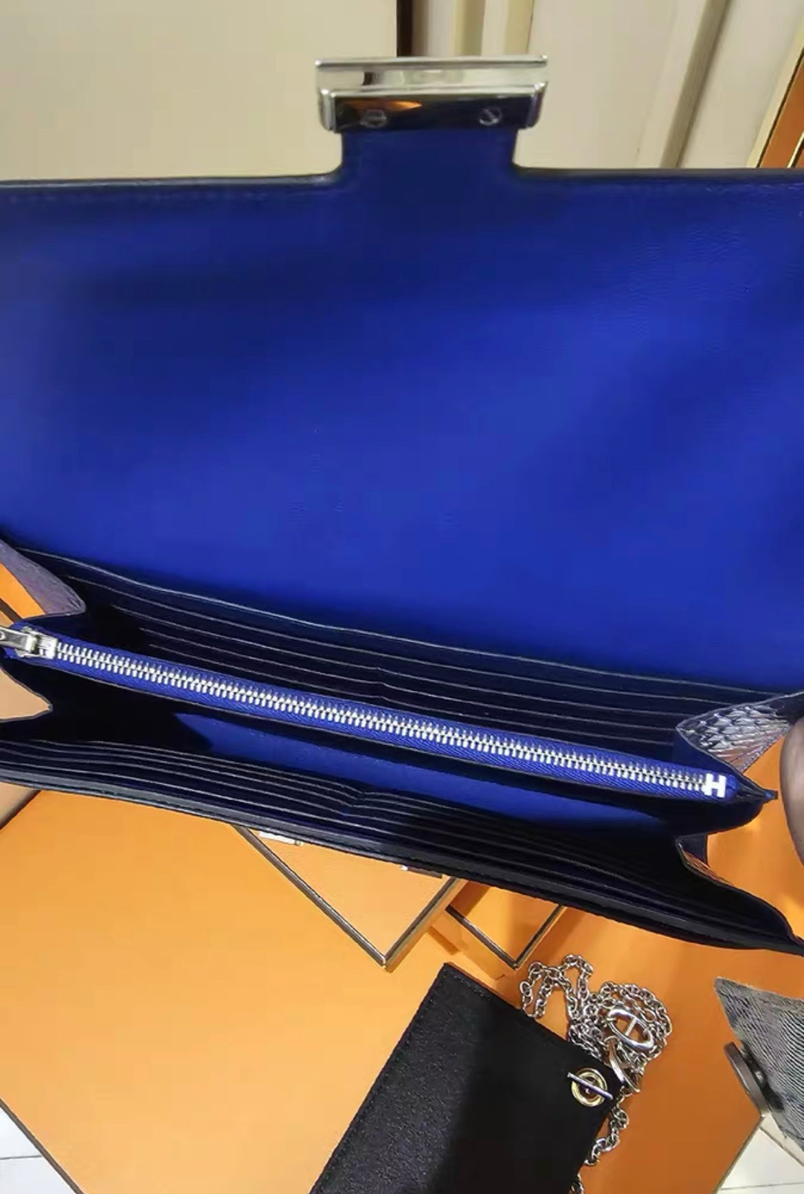 Hermes Constance Shiny Blue Wallet Alligator Long Palladium
