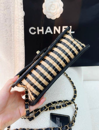 Chanel 21P Small Urban Jungle Flap Beige and Black Stripe Raffia Jute Gold Hardware