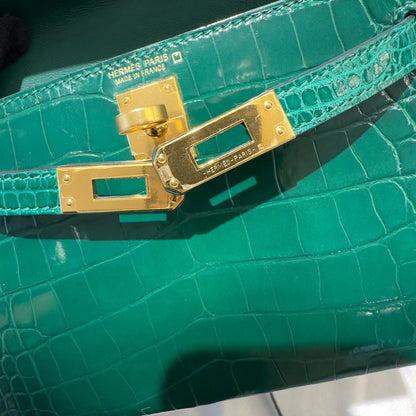Hermes Mini kelly Green Emerald 6Q alligator leather gold hardware