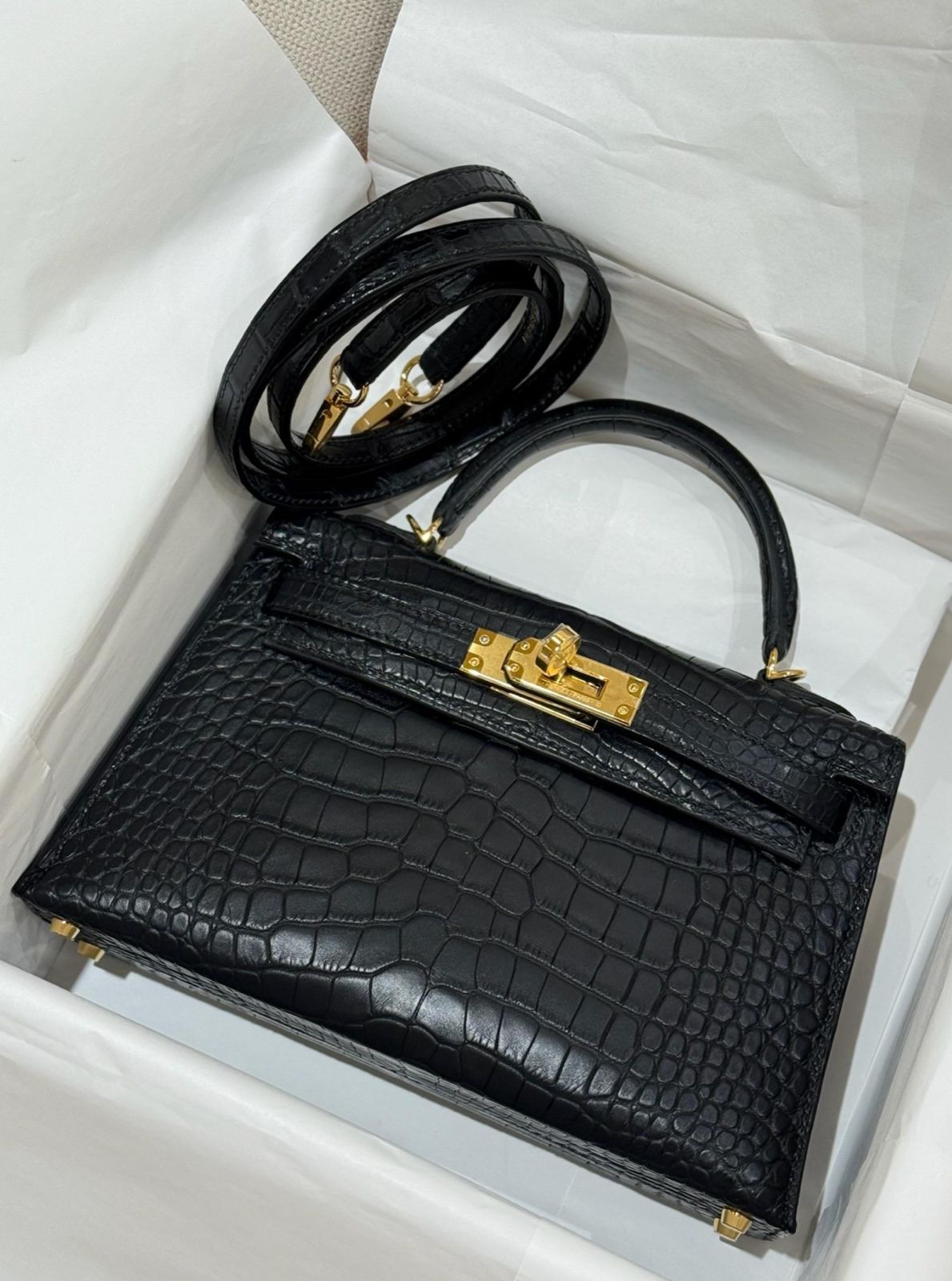 Hermes Mini Kelly 20 Black Matte Alligator Gold hardware