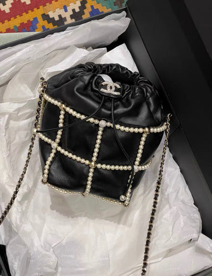 CHANEL 2021 BUCKET CRYSTAL CC LOGO PEARL CHAIN BAG LAMBSKIN BLACK