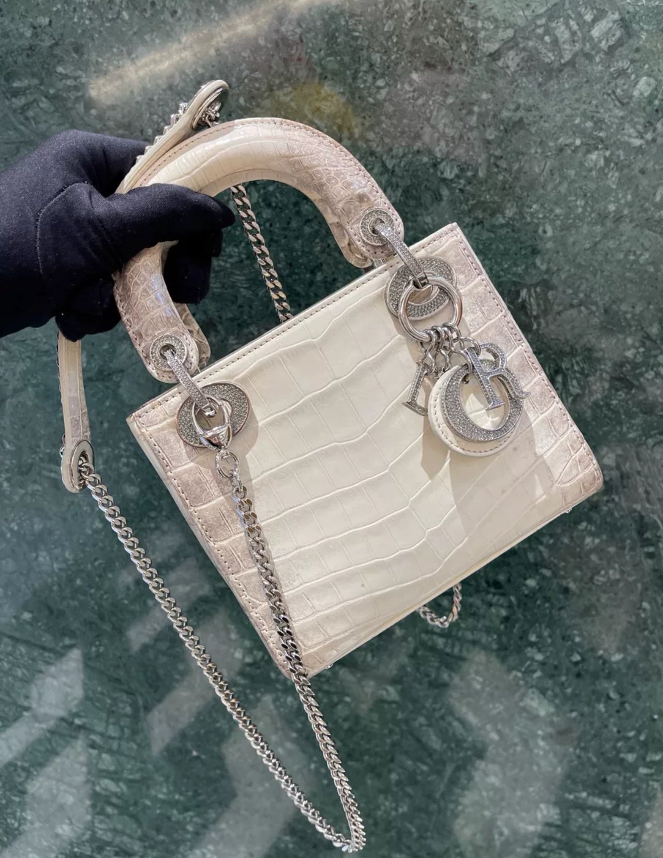 CHRISTIAN DIOR MINI LADY DIOR IN WHITE HIMALAYAN CROCODILE LEATHER