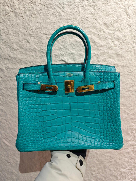 Hermes Birkin 30 Bleu Paon Matte Alligator Gold Hardware