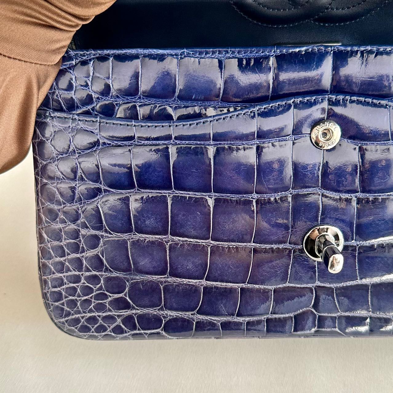 CHANEL SHINY BLUE ALLIGATOR CLASSIC FLAP BAG WITH SILVER HARDWARE