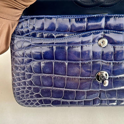 CHANEL SHINY BLUE ALLIGATOR CLASSIC FLAP BAG WITH SILVER HARDWARE