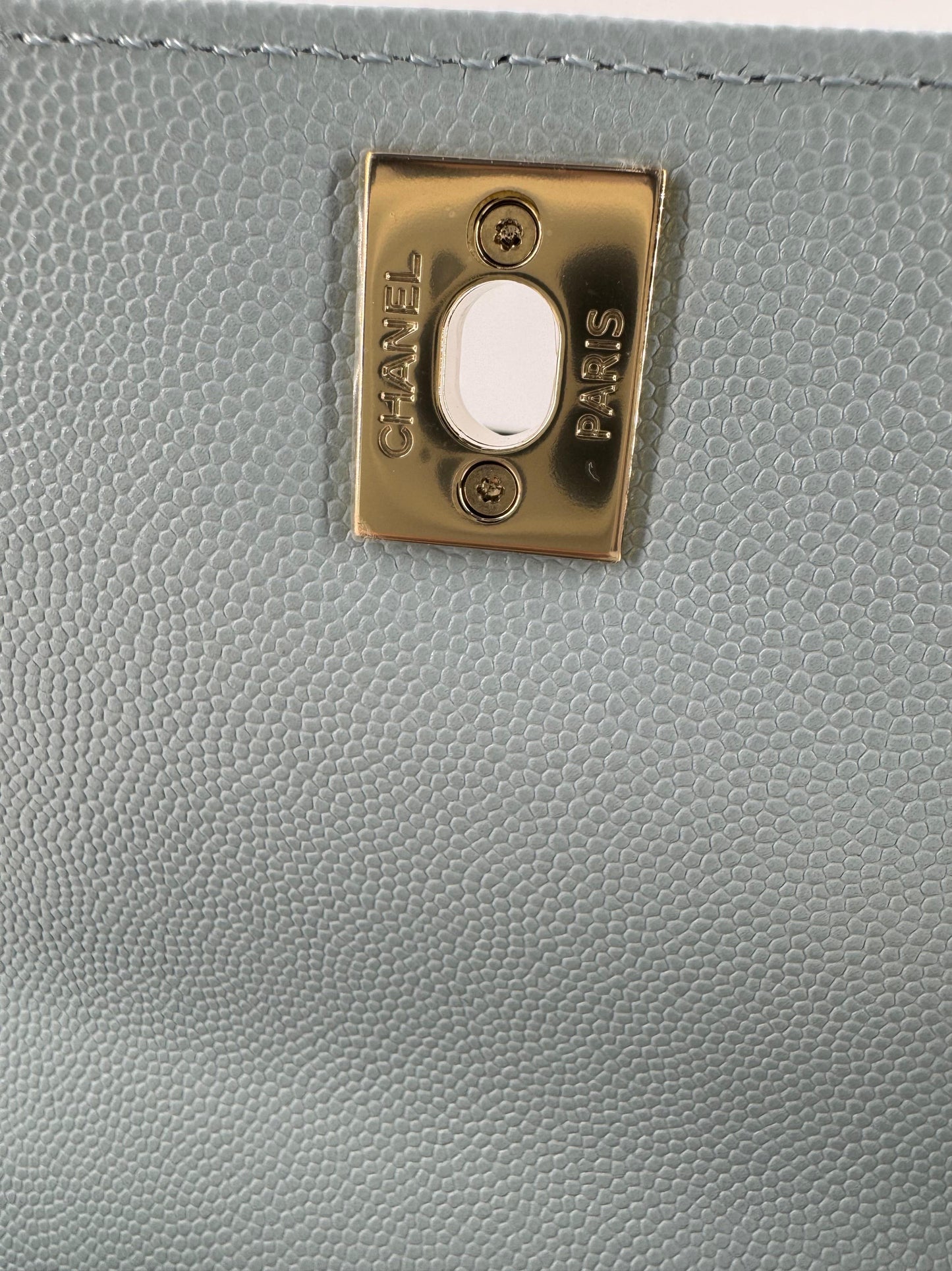 Chanel baby blue grained leather mini coco handle with light gold hardware