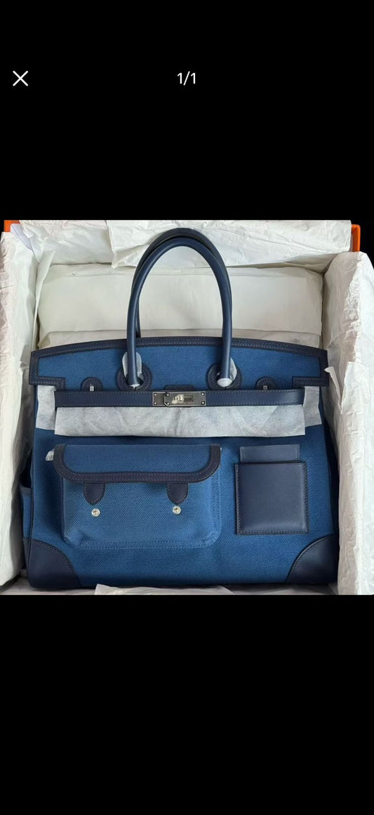 Hermes Birkin 35 Cargo Bleu Egee Toile & Bleu Marine Swift Palladium hardware