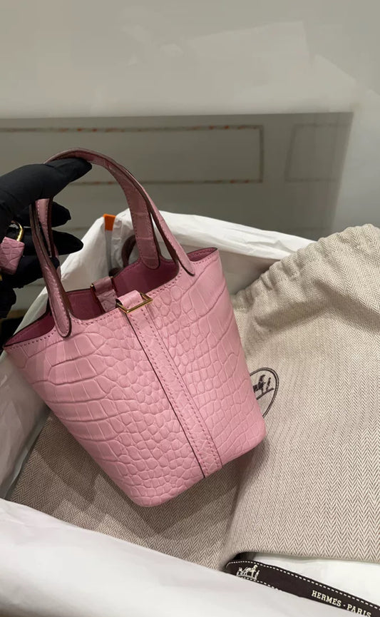 Hermès Micro Picotin 14 5P Bubblegum Matte Crocodile Leather Gold Hardware