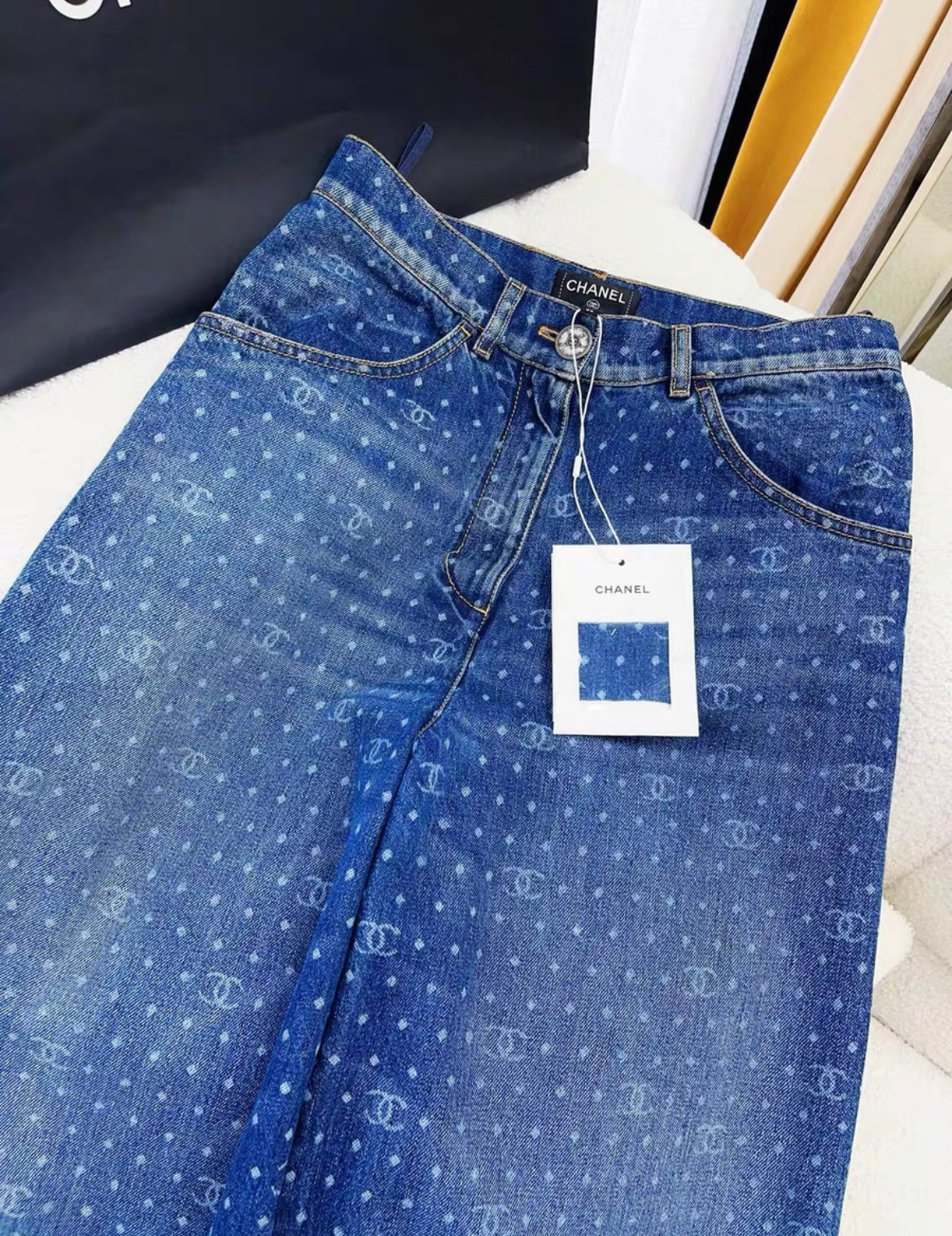 Chanel 23p popular blue polka-dot denim wide-leg pants in size 36