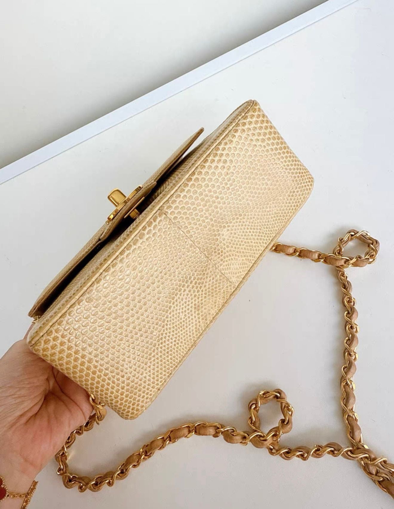 Chanel Vintage Flap Bag in Beige Lizard Leather and gold hardware
