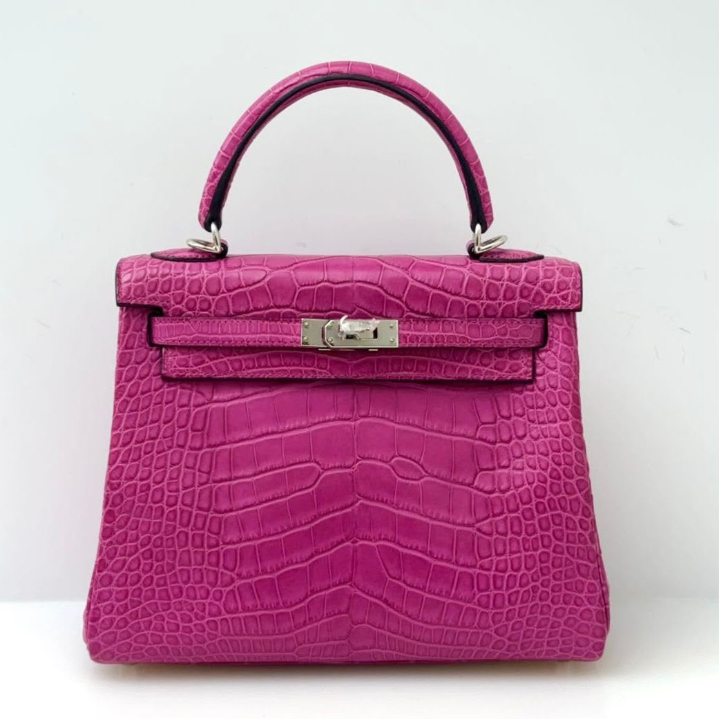 Hermes Kelly 25 Rose Pourpre Matte Alligator leather palladium hardware