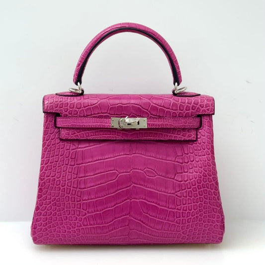 Hermes Kelly 25 Rose Pourpre Matte Alligator leather palladium hardware