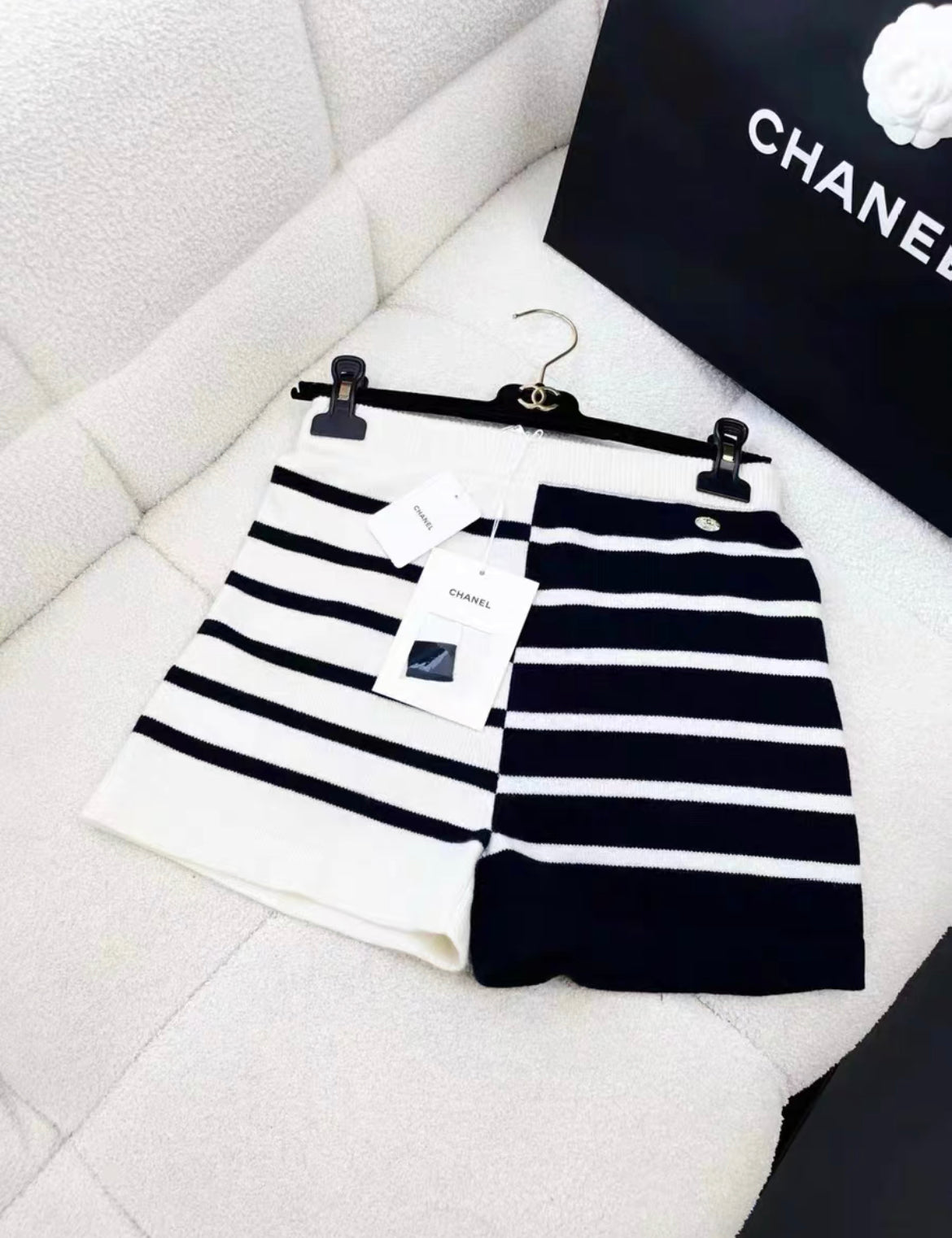 Chanel 24S blue and white striped cashmere shorts size 38